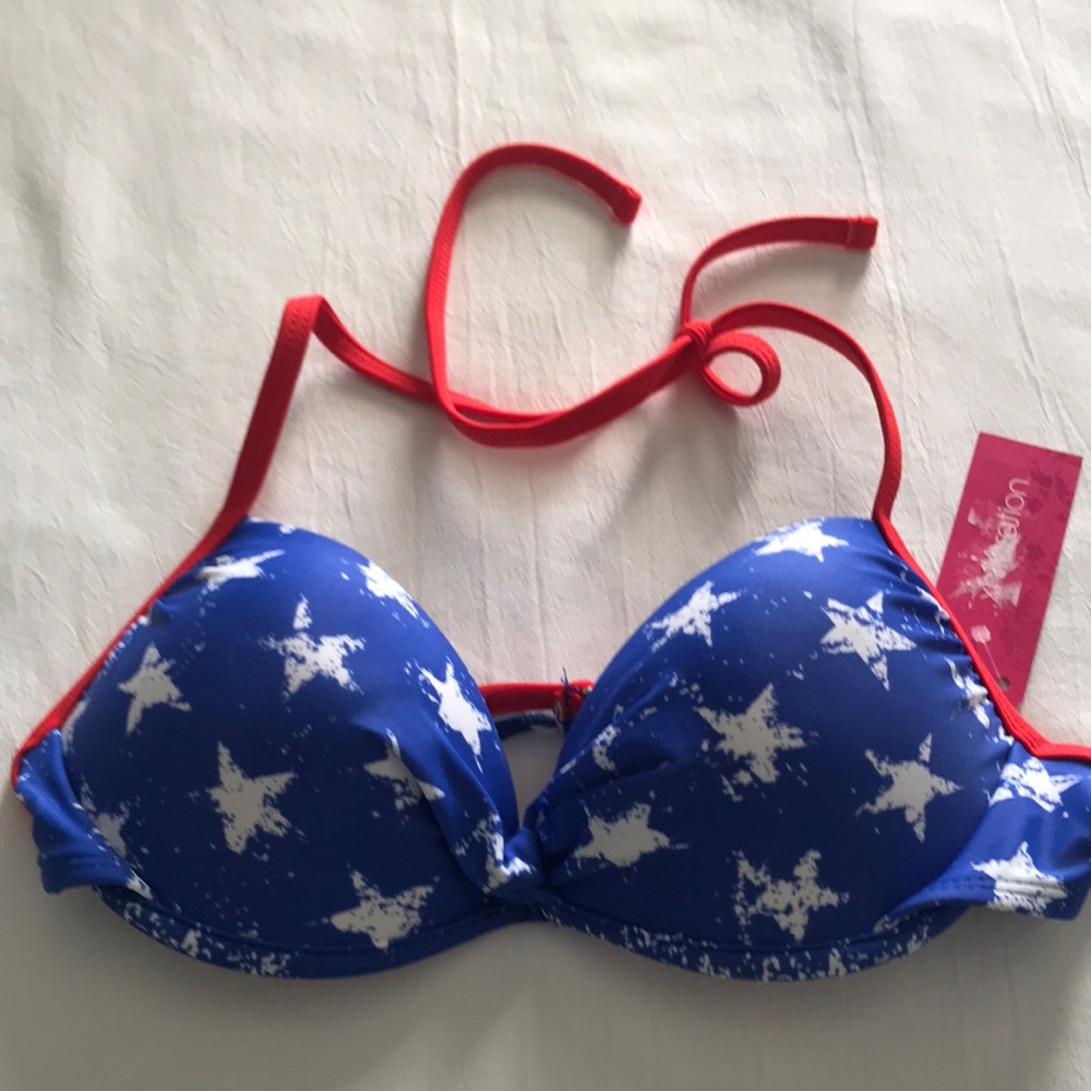 Blue Star Bikini Top with Red Straps